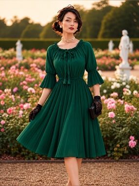 Ya Wen For Her Emerald Green Pleated Midi Dress Romantic Cottagecore Size:M